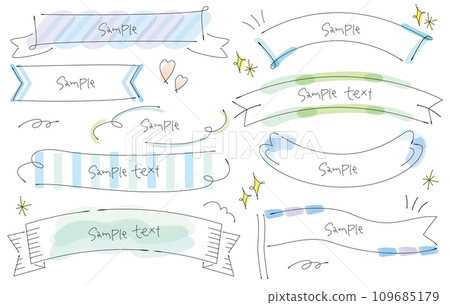 Hand-drawn line drawing ribbon frame, watercolor, cool color 109685179