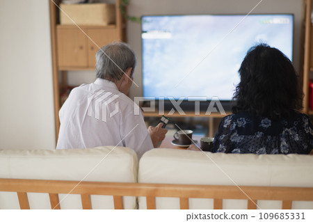 Rear view of a senior couple watching TV/life after retirement 109685331