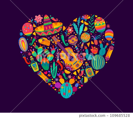 Love Mexico heart shape. Mexican holiday party print or vector background with guitar, sombrero hat, cactus flowers and tequila drink bottle, chili and jalapeno peppers, taco, burrito Mexico food 109685528