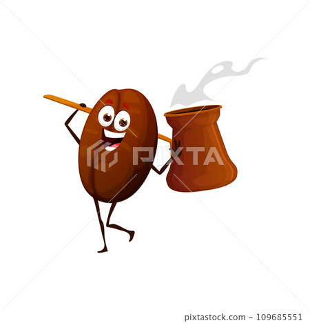 Cartoon happy coffee bean character. Fast food restaurant or street cafe isolated vector cute personage. Coffeeshop hot drink, coffee bean funny mascot carrying Turkish cezve 109685551