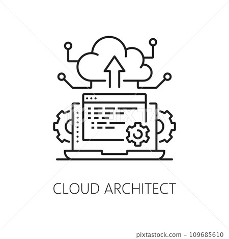 Cloud architect, IT specialist icon of data storage engineer and digital network management, line vector. Data cloud software and web storage engineering specialist pictogram of server cloud thin line Cloud architect, IT specialist icon of data storage engineer and digital network management, line vector. Data cloud software and web storage engineering specialist pictogram of server cloud thin line 109685610