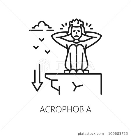 Human acrophobia phobia icon, mental health. Fear of heights problem, Psychological problem or mental disorder line vector symbol, icon or sign with scared man sitting on edge of cliff Human acrophobia phobia icon, mental health. Fear of heights problem, Psychological problem or mental disorder line vector symbol, icon or sign with scared man sitting on edge of cliff 109685723