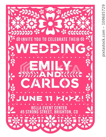 Wedding marriage invitation with mexican papel picado paper cut banner. Vector template of wedding card or marriage anniversary party invite flyer with papercut floral pattern, flowers and leaves Wedding marriage invitation with mexican papel picado paper cut banner. Vector template of wedding card or marriage anniversary party invite flyer with papercut floral pattern, flowers and leaves 109685729