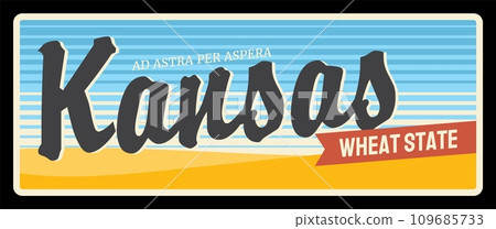 Vintage banner Kansas wheat state travel plate. Topeka capital, Wichita city billboard. American states plaque, vector sign for travel destination, retro board with typography 109685733