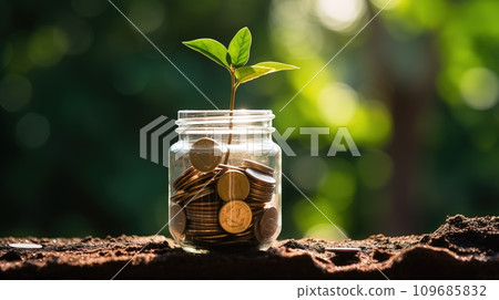 A young plant sprouts from a clear jar filled with coins, basking in the sun's rays, symbolizing the concept of savings leading to growth and financial success. A young plant sprouts from a clear jar filled with coins, basking in the sun's rays, symbolizing the concept of savings leading to growth and financial success. 109685832