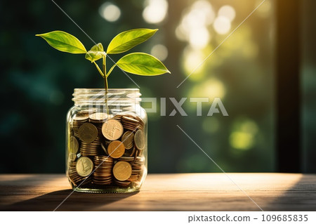 A young plant sprouts from a clear jar filled with coins, basking in the sun's rays, symbolizing the concept of savings leading to growth and financial success. A young plant sprouts from a clear jar filled with coins, basking in the sun's rays, symbolizing the concept of savings leading to growth and financial success. 109685835