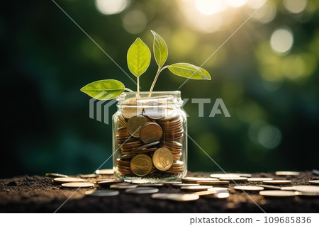 A young plant sprouts from a clear jar filled with coins, basking in the sun's rays, symbolizing the concept of savings leading to growth and financial success. A young plant sprouts from a clear jar filled with coins, basking in the sun's rays, symbolizing the concept of savings leading to growth and financial success. 109685836