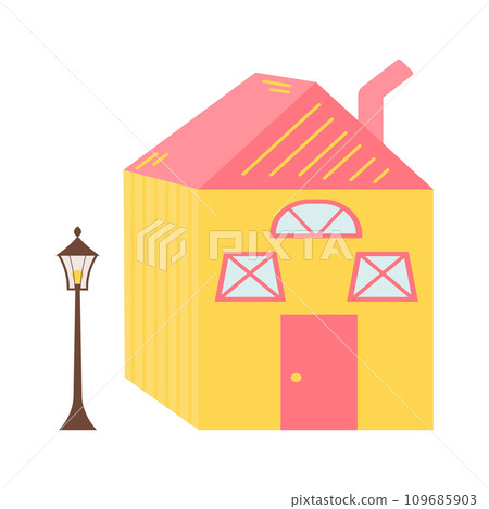 Sweet home with street lantern. Cute cartoon dollhouse. Hand drawn vector illustration isolated on white background. Sweet home with street lantern. Cute cartoon dollhouse. Hand drawn vector illustration isolated on white background. 109685903