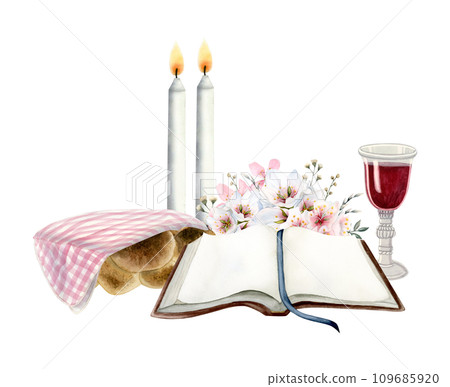 Shabbat scene with open Torah book, two candles, challah with cover, red wine glass and spring flowers watercolor illustration for Jewish faith designs, Saturday eve symbols 109685920