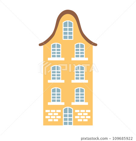 Cute pastel scandinavian house. Dutch canal home. Traditional architecture of Netherlands, Belgium and Amsterdam. Hand drawn vector illustration isolated on white background. 109685922