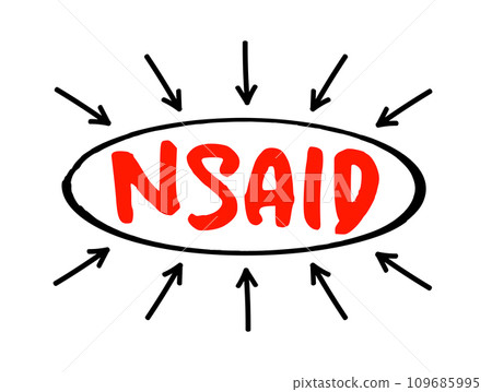 NSAID Nonsteroidal anti-inflammatory drug - medicines that are widely used to relieve pain, reduce inflammation, and bring down a high temperature, acronym text with arrows 109685995
