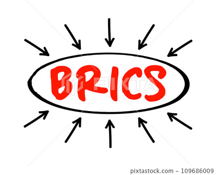 BRICS - Brazil, Russia, India, China, South Africa trade union acronym, business concept with arrows BRICS - Brazil, Russia, India, China, South Africa trade union acronym, business concept with arrows 109686009
