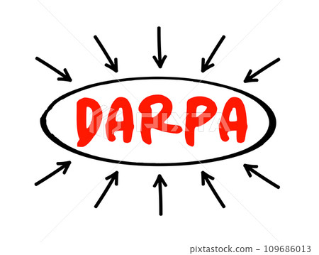 DARPA - Defense Advanced Research Projects Agency acronym text with arrows, concept background 109686013
