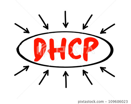 DHCP - Dynamic Host Configuration Protocol is a network management protocol used on Internet Protocol networks for automatically assigning IP addresses, acronym text concept with arrows DHCP - Dynamic Host Configuration Protocol is a network management protocol used on Internet Protocol networks for automatically assigning IP addresses, acronym text concept with arrows 109686023