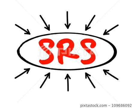 SRS - Software Requirements Specification is a description of a software system to be developed, acronym text concept with arrows 109686092