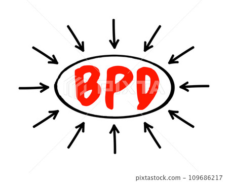 BPD Borderline Personality Disorder - mental health disorder that impacts the way you think and feel about yourself and others, acronym text with arrows BPD Borderline Personality Disorder - mental health disorder that impacts the way you think and feel about yourself and others, acronym text with arrows 109686217