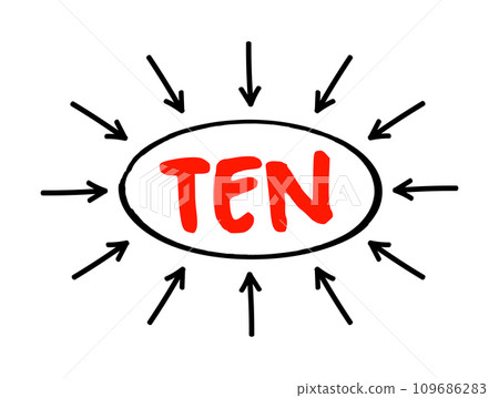 TEN Toxic Epidermal Necrolysis - life-threatening skin disorder characterized by a blistering and peeling of the skin, acronym text concept with arrows TEN Toxic Epidermal Necrolysis - life-threatening skin disorder characterized by a blistering and peeling of the skin, acronym text concept with arrows 109686283
