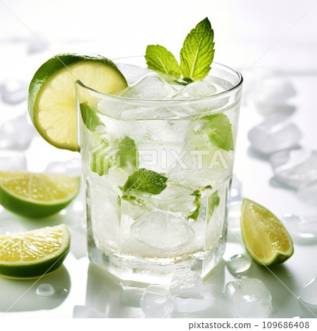 Mojito summer refreshing cocktail with ice and mint. Gin tonic with lemon. 109686408