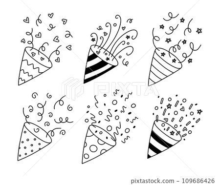 Confetti Popper Set for Party. Collection Isolated confetti, explosion, firecracker, celebration in doodle style. Vector illustration. Confetti Popper Set for Party. Collection Isolated confetti, explosion, firecracker, celebration in doodle style. Vector illustration. 109686426