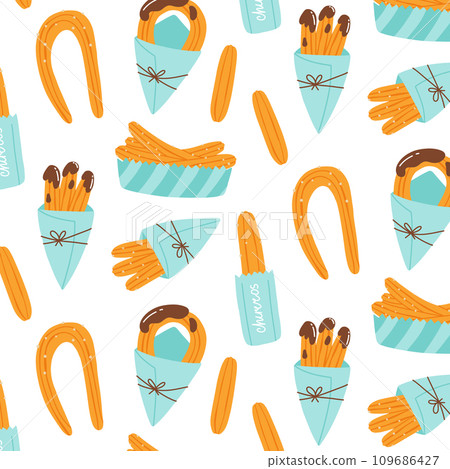 Seamless pattern with churros. Vector illustration in hand drawn flat style. Pattern with chocolate churros in a paper bag. 109686427
