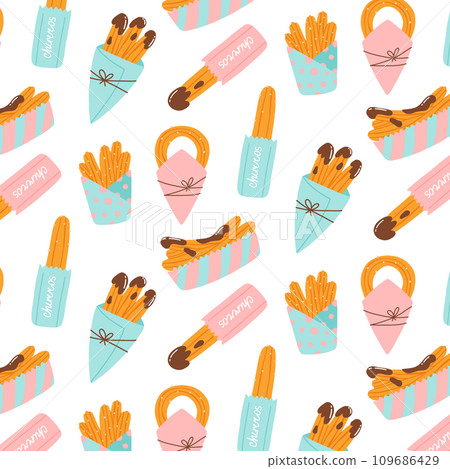 Seamless pattern with churros. Vector illustration in hand drawn flat style. Pattern with chocolate churros in a paper bag. 109686429