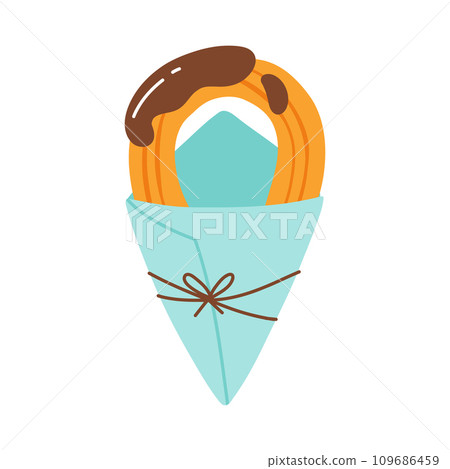 Churros in a paper bag. Mexican snack. Hand drawn flat vector illustration. Churros in chocolate in a cone. Churros in a paper bag. Mexican snack. Hand drawn flat vector illustration. Churros in chocolate in a cone. 109686459