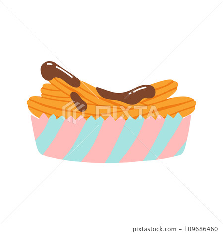 Churros in a paper bag. Mexican snack. Hand drawn flat vector illustration. Churros in chocolate 109686460