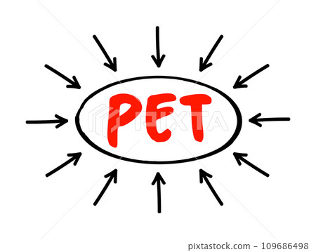 PET Positron Emission Tomography - functional imaging technique that uses radioactive substances, acronym text concept with arrows 109686498