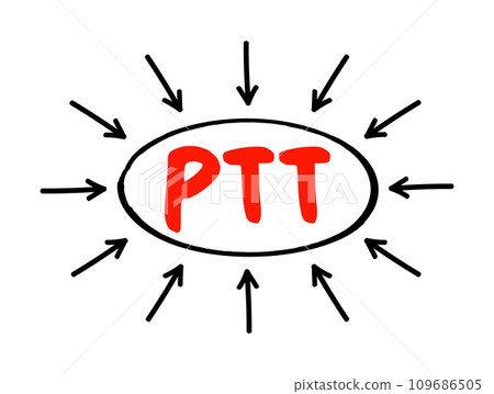 PTT - Partial Thromboplastin Time is a blood test that looks at how long it takes for blood to clot, acronym text concept with arrows 109686505