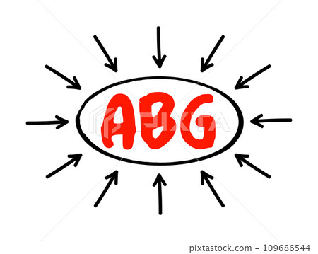 ABG Arterial Blood Gas - test measures the acidity and the levels of oxygen and carbon dioxide in the blood from an artery, acronym text with arrows 109686544