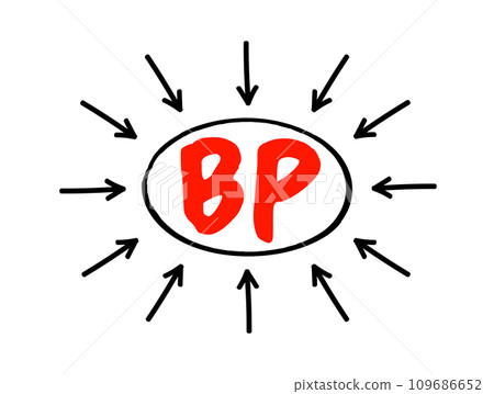 BP - Blood Pressure is the force of your blood pushing against the walls of your arteries, acronym text concept with arrows 109686652