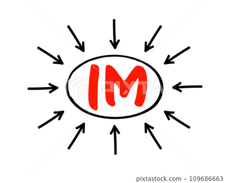 IM Intramuscular - injection of a substance into a muscle, acronym text concept with arrows IM Intramuscular - injection of a substance into a muscle, acronym text concept with arrows 109686663