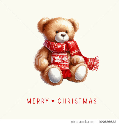 Plush toy teddy bear sits with a christmas red scarf and sweater. Watercolor illustration. 109686688