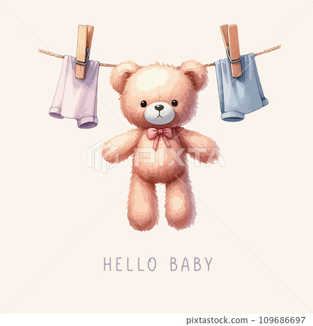 Cute baby shower watercolor invitation card with newborn clothes and plush toy bear. Hello baby calligraphy. Cute baby shower watercolor invitation card with newborn clothes and plush toy bear. Hello baby calligraphy. 109686697