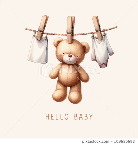 Cute baby shower watercolor invitation card with newborn clothes and plush toy bear. Hello baby calligraphy. Cute baby shower watercolor invitation card with newborn clothes and plush toy bear. Hello baby calligraphy. 109686698