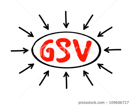 GSV Gross Sales Value - value of all of a business's sales transactions over a specified period of time without accounting for any deductions, acronym text with arrows 109686727