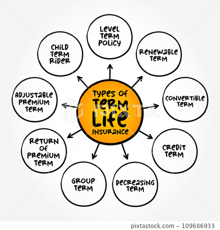Different Types of Term Life Insurance (covers you for a set period or term) mind map text concept background Different Types of Term Life Insurance (covers you for a set period or term) mind map text concept background 109686933