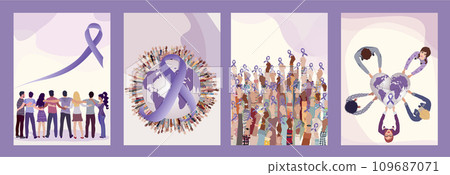 World cancer day. Cancer survivor. Template with people hugging and raised hands holding a purple ribbon. People in a circle around the heart-shaped earth.Awareness - prevention - treatment 109687071