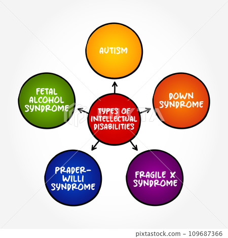 Types of intellectual disabilities (generalized neurodevelopmental disorder) mind map concept background 109687366