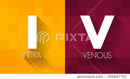 IV Intravenous - medical technique that delivers fluids, medications and nutrients directly into a vein, acronym text concept background 109687791