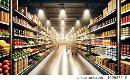 AI-generated content. Inside of a supermarket with a snack display rack, a long corridor, and light bulbs on the ceiling. Generative AI AI-generated content. Inside of a supermarket with a snack display rack, a long corridor, and light bulbs on the ceiling. Generative AI 109687848
