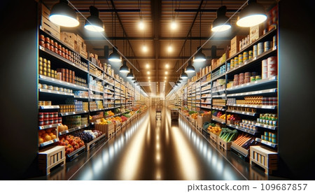 AI-generated content. Inside of a supermarket with a snack display rack, a long corridor, and light bulbs on the ceiling. Generative AI 109687857
