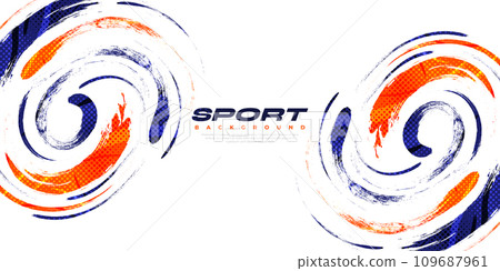 Abstract Blue and Orange Brush Background with Halftone Effect. Sport Banner. Brush Stroke Illustration. Scratch and Texture Elements For Design 109687961