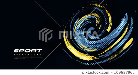 Abstract Blue and Yellow Brush Background with Halftone Effect. Sport Banner. Brush Stroke Illustration. Scratch and Texture Elements For Design 109687963