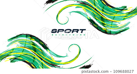 Abstract Black Yellow and Green Brush Background with Sporty Style and Halftone Effect. Brush Stroke Illustration for Banner, Poster, or Sports Background 109688027