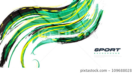 Abstract Black Yellow and Green Brush Background with Sporty Style and Halftone Effect. Brush Stroke Illustration for Banner, Poster, or Sports Background 109688028