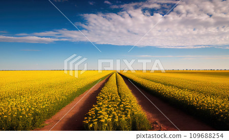 A yellow butterweed flower field with a blue sky in the background wallpaper AI generated 109688254