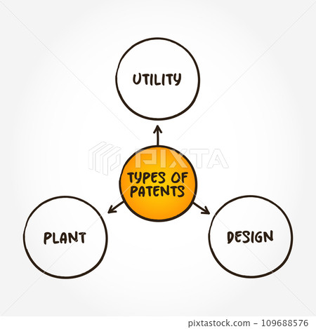 Types of Patents (exclusive right granted for an invention) mind map text concept for presentations and reports 109688576