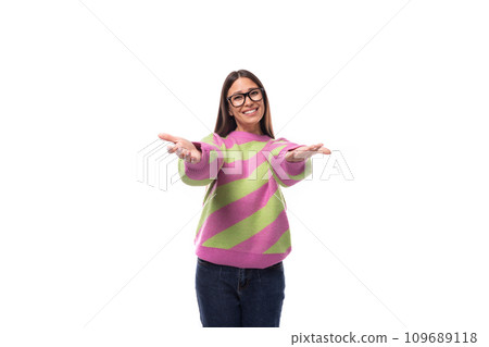 young successful free beautiful caucasian woman with straight black hair with glasses is dressed in young successful free beautiful caucasian woman with straight black hair with glasses is dressed in 109689118