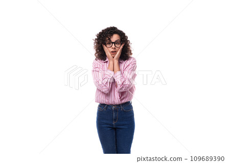 young beautiful curly brunette woman in a pink striped blouse. people lifestyle concept 109689390